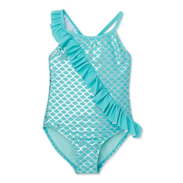 XOXO Girls Mermaid Asymmetrical Ruffle One-Piece Swimsuit, Sizes 4-16 | Walmart (US)