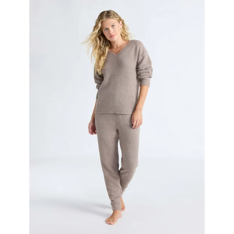 Joyspun Women's Fuzzy Knit V-Neck Top and Joggers Set, 2-Piece, Sizes XS-3X | Walmart (US)