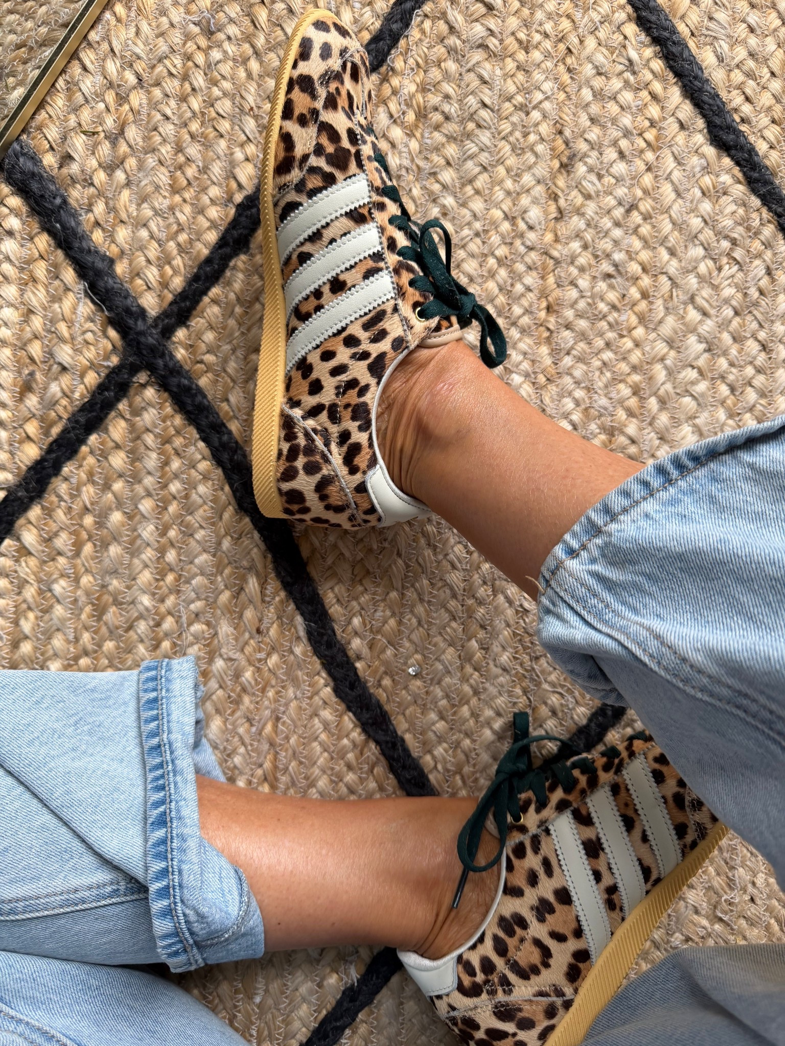 these leopard Adidas are so fun!  They come with these dark green laces and cream laces too!
Adidas run big, I size down 1/2 size 

#LTKOver40 #LTKootd