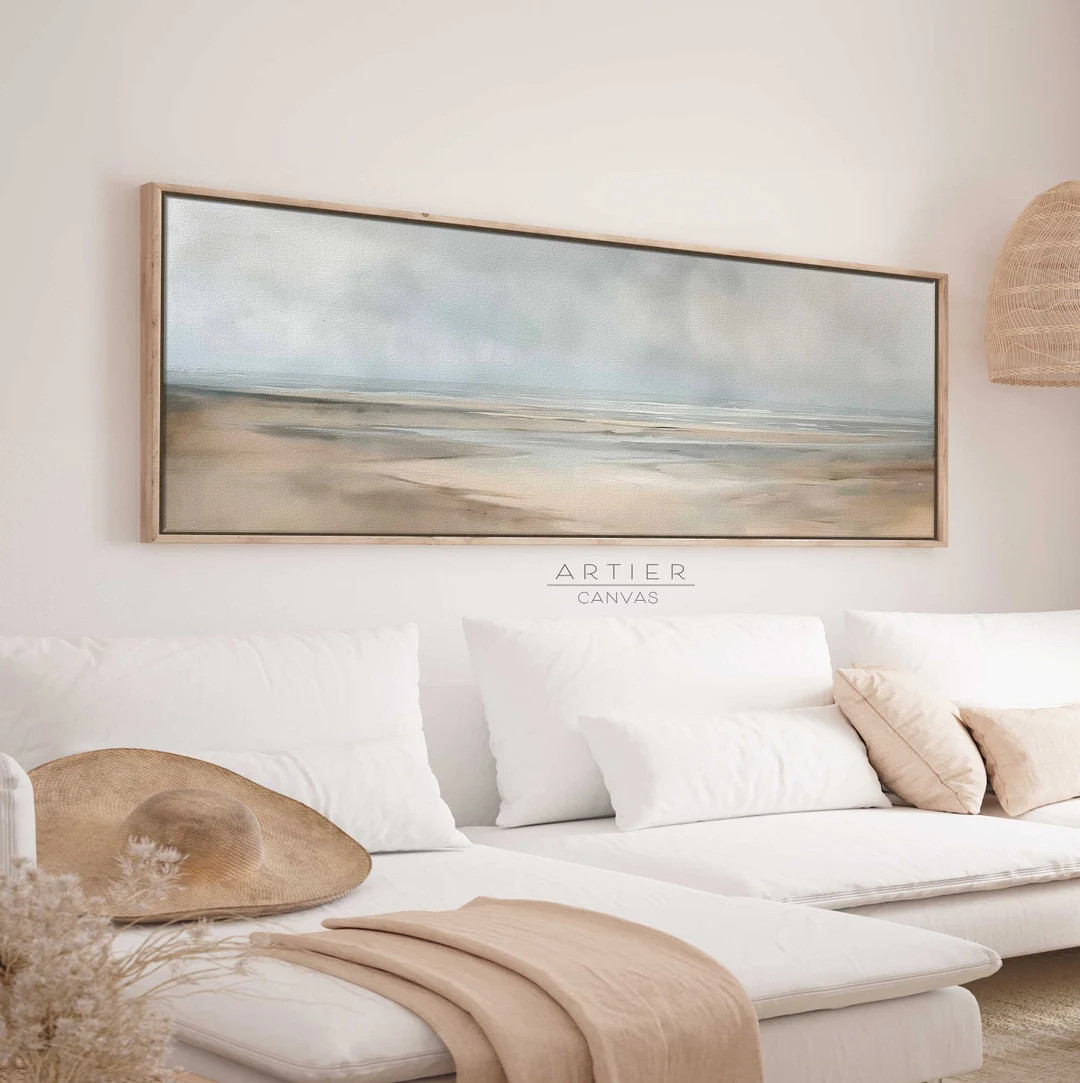 Minimalist Coastal Seascape Wall Art, Muted Beach Painting Framed Canvas Print, Long Horizontal B... | Etsy (US)