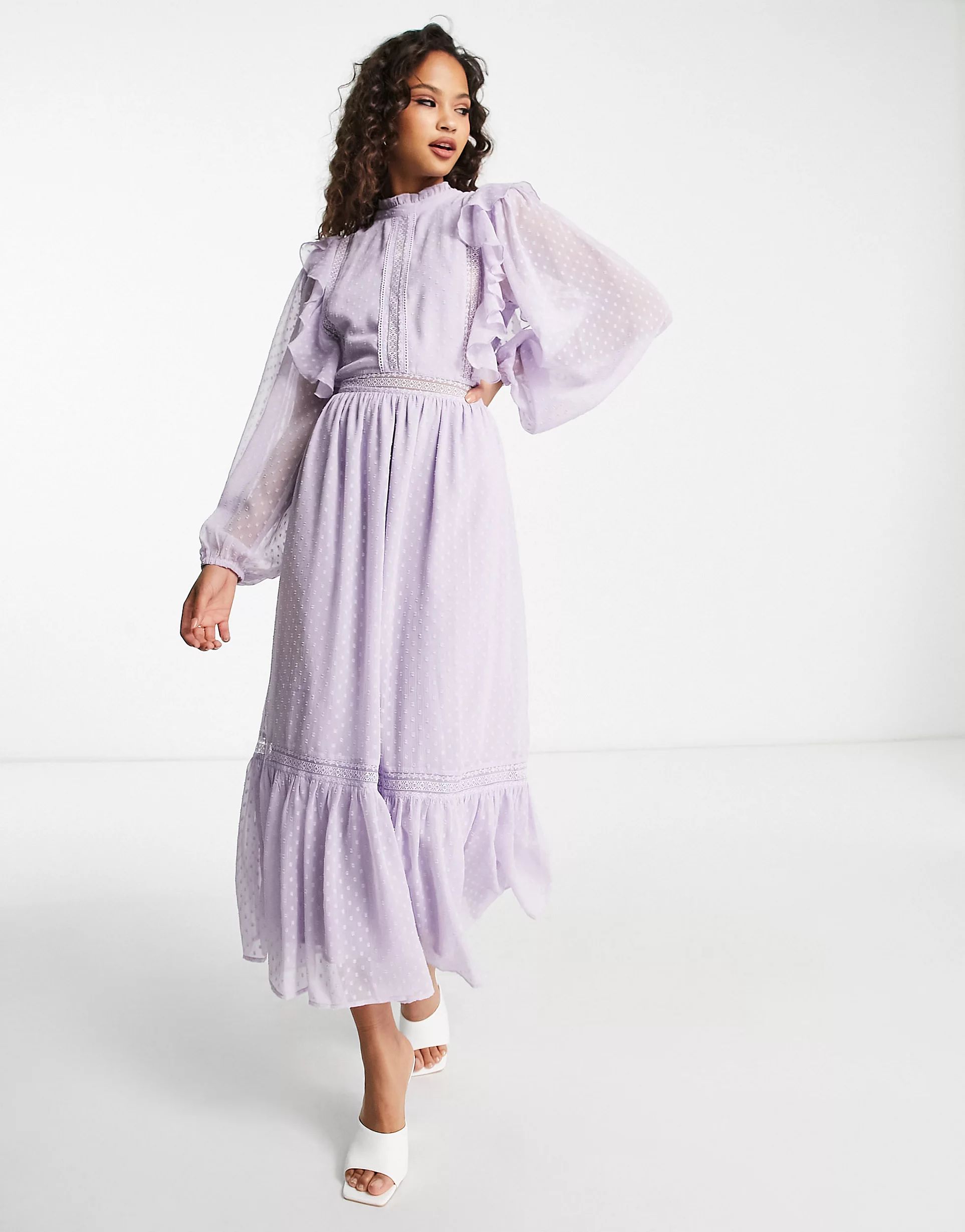 Miss Selfridge lace insert chiffon midi dress in lilac | ASOS (Global)