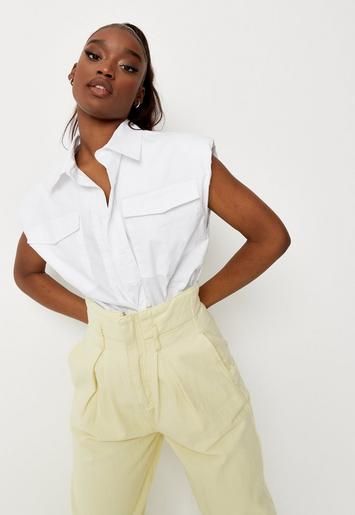 Missguided - Petite White Shoulder Pad Sleeveless Shirt | Missguided (US & CA)