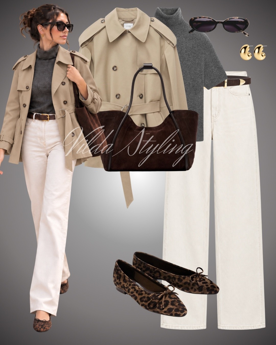 Classic trench coat style with a modern twist 🤎 Paired with a grey turtleneck, white wide-leg jeans and leopard-print ballet flats for an effortlessly chic fall look. 🍂✨ #LTKSeasonal #LTKFinds

#LTKstyletip #LTKautumn #LTKjeans #LTKstyletip