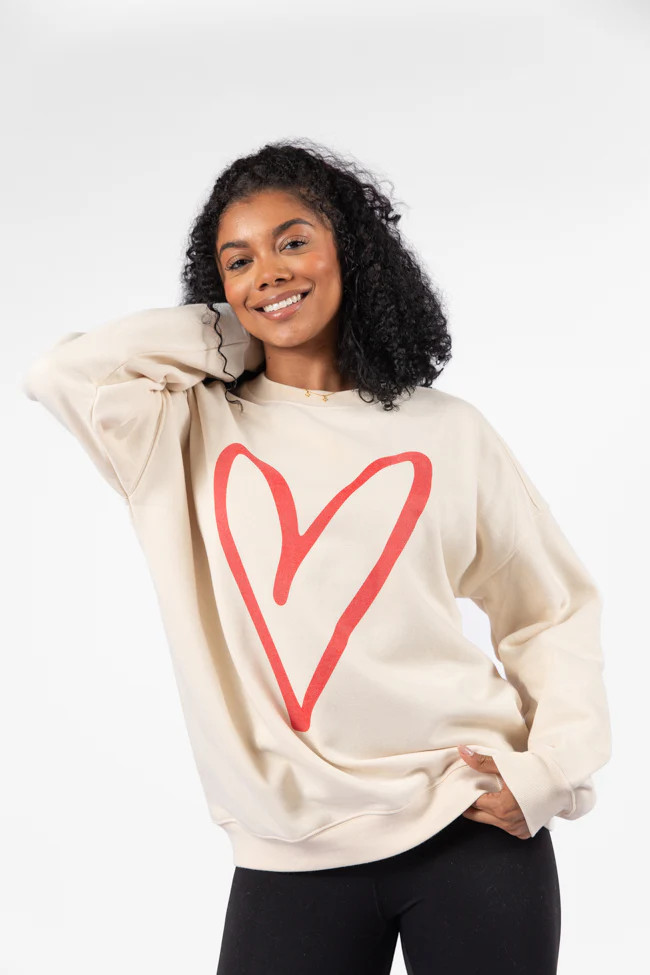 Red Heart Sketch Cream Oversized Graphic Sweatshirt | Pink Lily