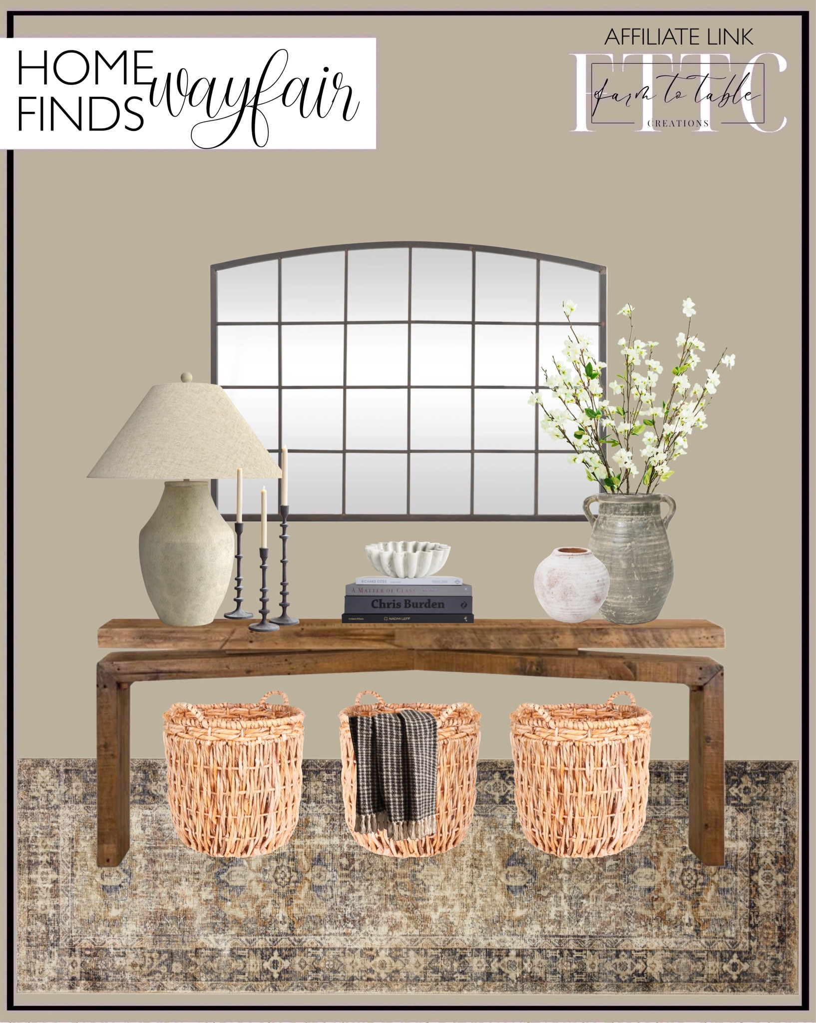 Wayfair Home Finds. Follow @farmtotablecreations on Instagram for more inspiration.

Henn Solid Wood Console Table. Glass window, pane inspired room wall mirror. Morgan Sunset Ink Loloi Rug. Bungert Terracotta Vase. Lainie Handmade Terracotta Table Vase. Batavia Ceramic Table Lamp. Cherry Blossom Spray. Ginny Taper Holders. Wicker Baskets. Stonewall Handmade Throw. Decorative Books. Marble Bowl. 

Wayfair Weekend Clearance | Bedroom Space | Cozy Corner | Bathroom | Curated Entryway | Spring  Decor | End of Year Clearance | Trending Decor | Viral Decor | Amazon Holiday | Bedroom corner | Coffee Table Decor | Neutral Decor | Fall Stem Sale | Target Finds | Skinny Bench | Bedroom | Living Room | Breakfast Nook | Amazon Home | Target Sale | Loloi Rugs | Magnolia Home | console table | console table styling | faux stems | entryway space | front porch decor | neutral decor | entryway decor | cozy home | affordable decor |  home decor | home inspiration | console styling | entryway rug | cozy moody home | moody home decor | neutral home | bathroom decor | living room | spring decor | Hearth & Hand | Studio McGee



#LTKHome #LTKSaleAlert #LTKFindsUnder50