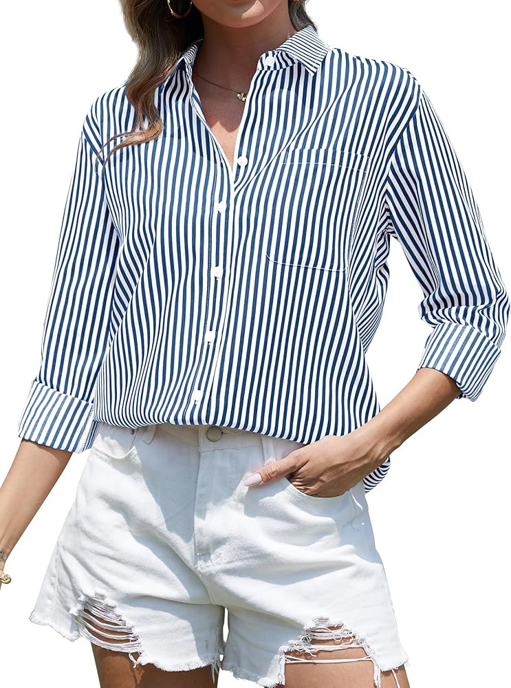 CUNLIN Grade 4 Wrinkle-Resistant Women's Button Down Shirts Striped Long Sleeve Collared Blouses ... | Amazon (US)