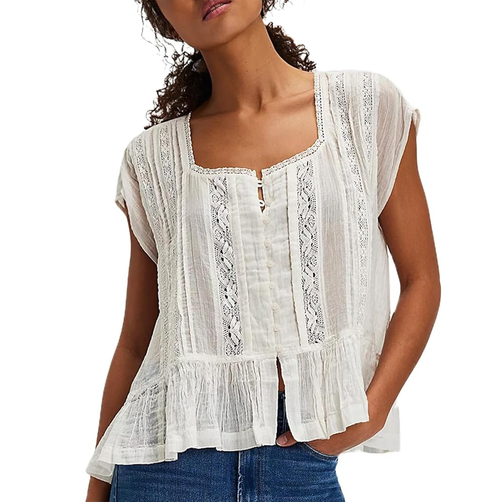 Women Y2k Semi Sheer Blouse Shirt Lace Trim Button Down Short Sleeve Round Neck Casual Going Out ... | Amazon (US)