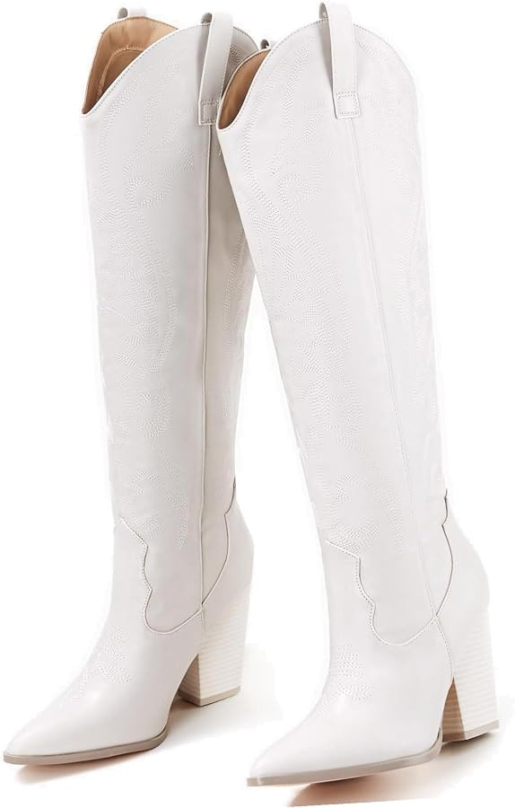 Coutgo Womens Cowboy Knee High Boots Western Cowgirl Embroidered Pointed Toe Chunky Heel Pull On ... | Amazon (US)