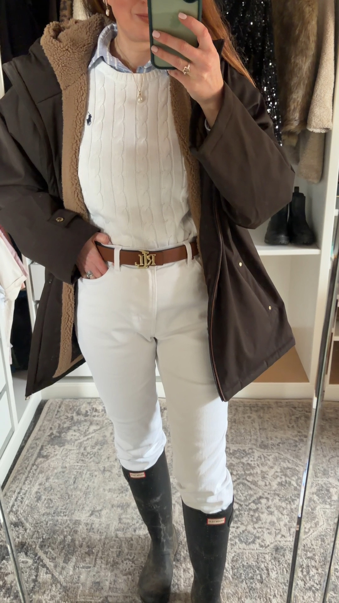 Winter Whites 🤍 Holland Copper Waterproof coat, Ralph Lauren cable knit, white jeans, waterproof coat, Hunter rain boots, chic winter weather outfit, English countryside 

#LTKluxury #LTKwinter #LTKuk