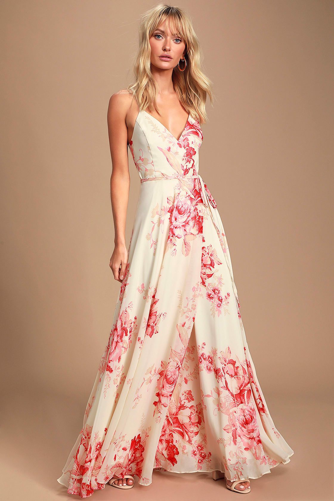 Elegantly Inclined Cream and Coral Floral Print Wrap Maxi Dress | Lulus