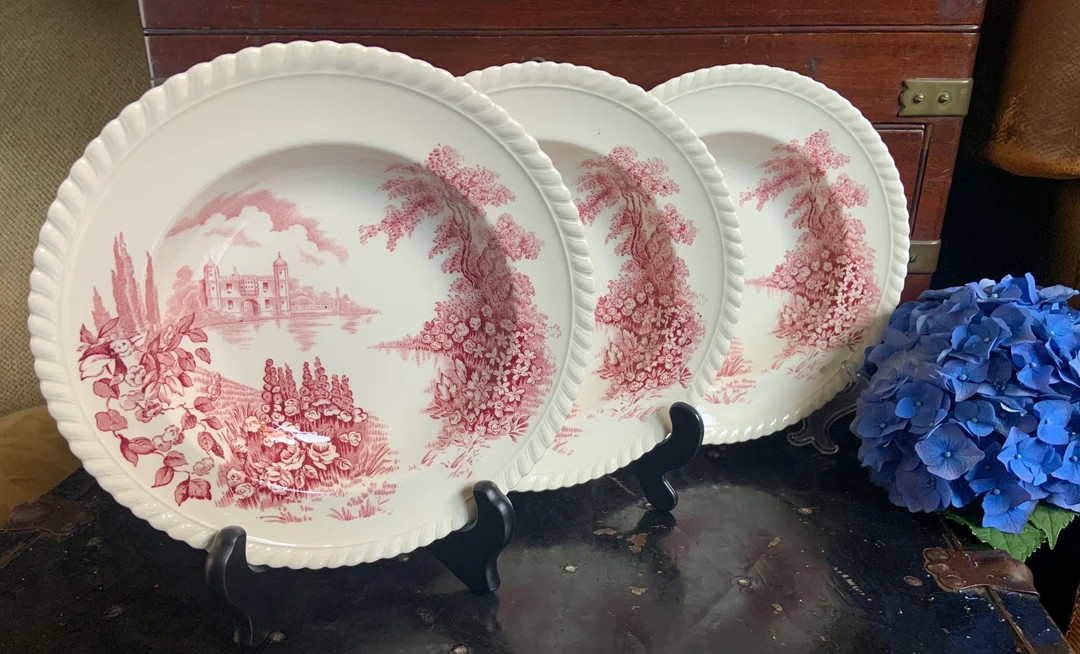 Set of 3 Vintage Johnson Brothers Pink Red Transferware Castles on the Lake 8 Rimmed Plates - Ets... | Etsy (US)
