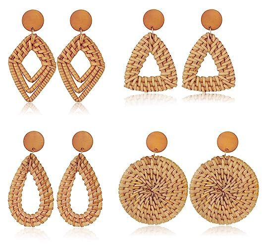 Finrezio 4 Pairs Rattan Dangle Earrings for Women Lightweight Bohemia Straw Wicker Braid Nature B... | Amazon (US)