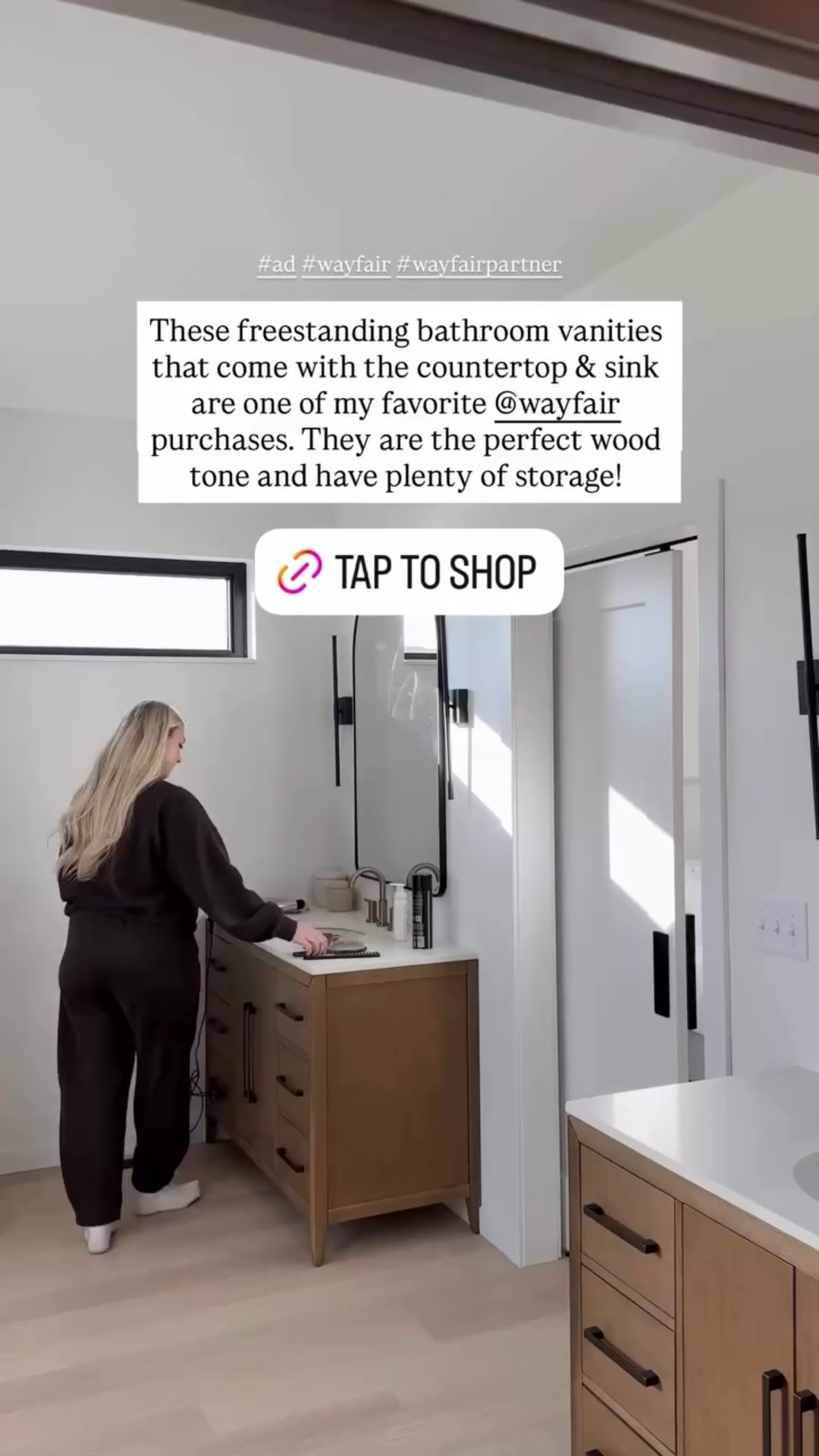 These freestanding bathroom vanities that come with the countertop & sink are one of my favorite @wayfair purchases. They are the perfect wood tone and have plenty of storage! #ad #wayfair #wayfairpartner