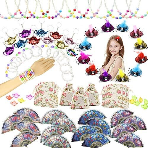 84 Pcs Tea Party Favors Supplies Set, Tea Time Party Hair Clips Pearl Necklaces Bracelet Fans Keycha | Amazon (US)