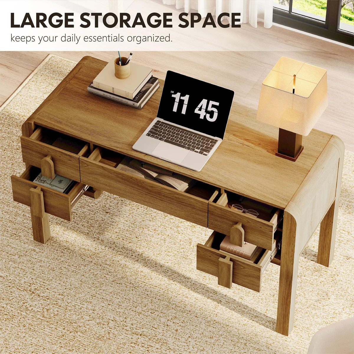 53.5"W Mid-Century Modern Executive Desk With 5 Drawers , Home Office Desk With Charging Station\... | Wayfair North America