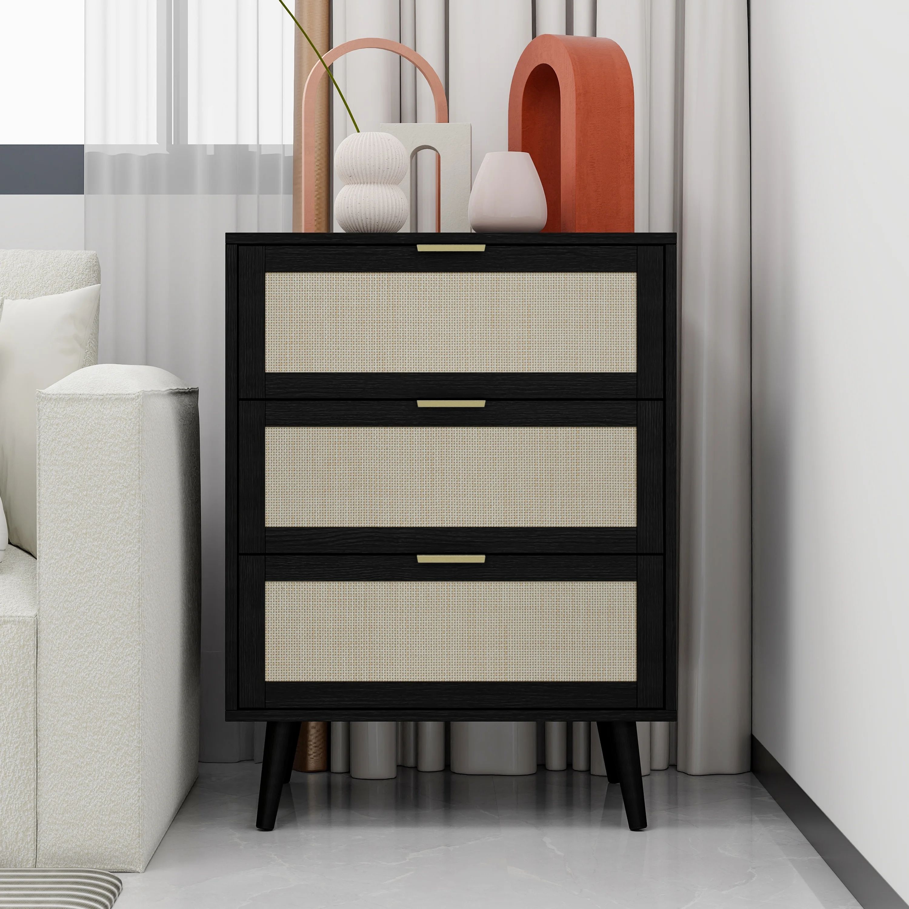 Sesslife Black Cabinet with 3 Drawers, Modern End Side Table, Nightstand Storage Cabinet for Bedr... | Walmart (US)