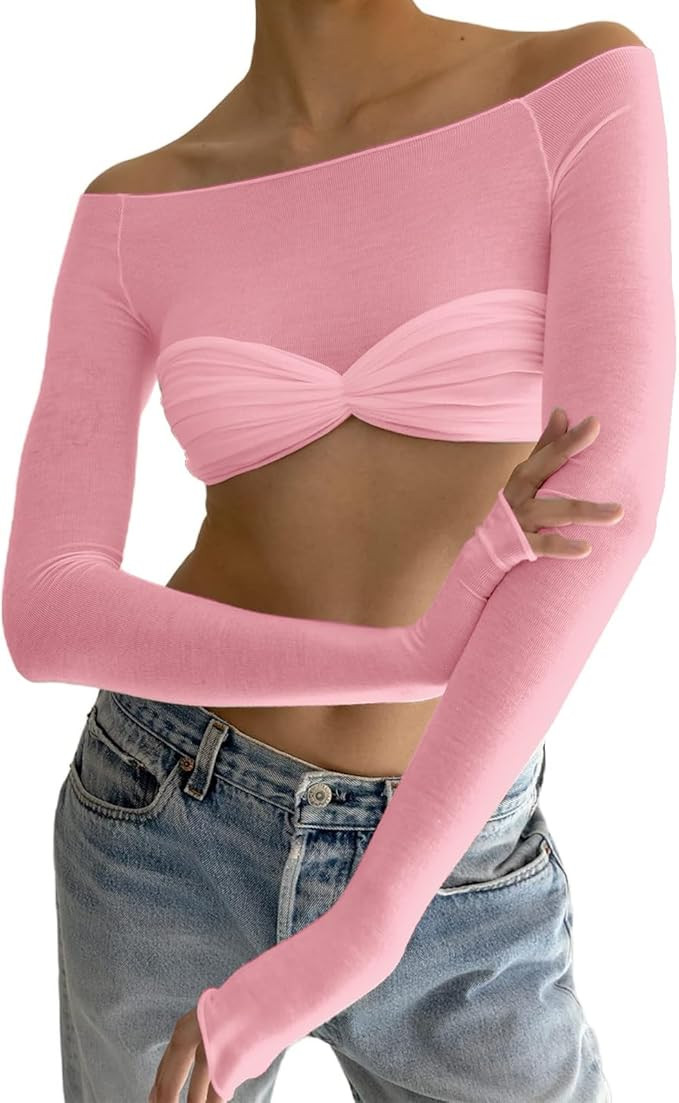 Women's Sexy Crop Top Long Sleeve Off Shoulder Going Out Tops Slim Fit Mesh Ruched Twisted Blouse... | Amazon (US)
