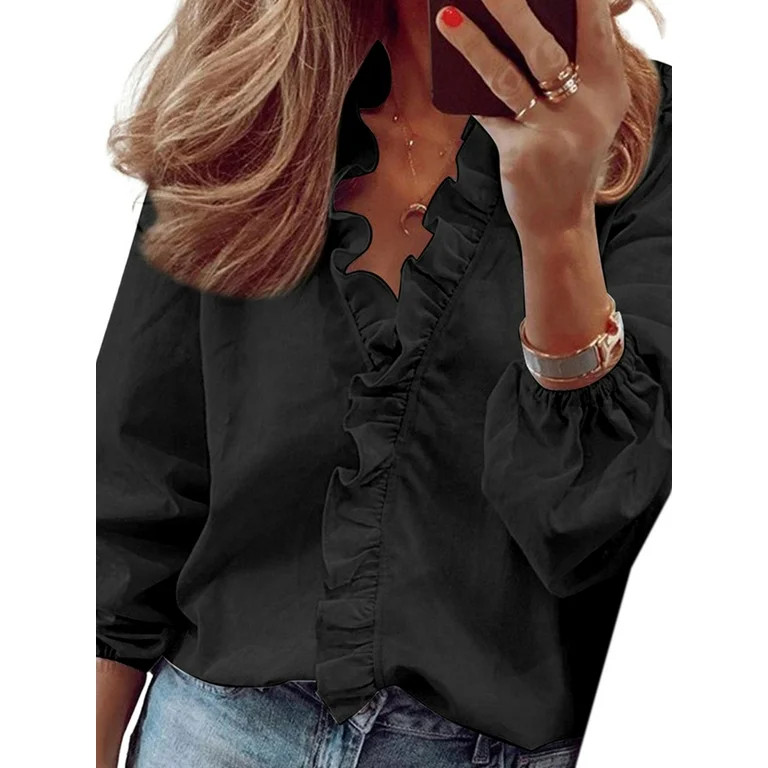 Cilcicy Women Elegant Long Sleeve Ruffle Shirt V-Neck Stand-Up Collar Blouse | Walmart (US)