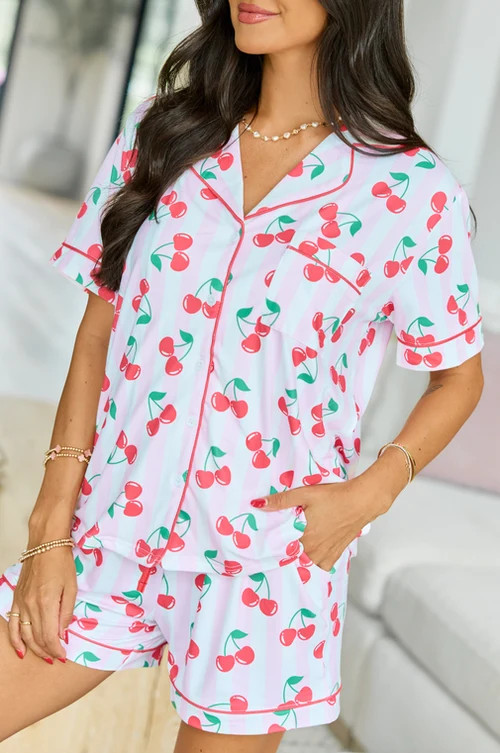 Cozy Crush Short Sleeve Pajama Top - Cherry Stripe | Pink Lily