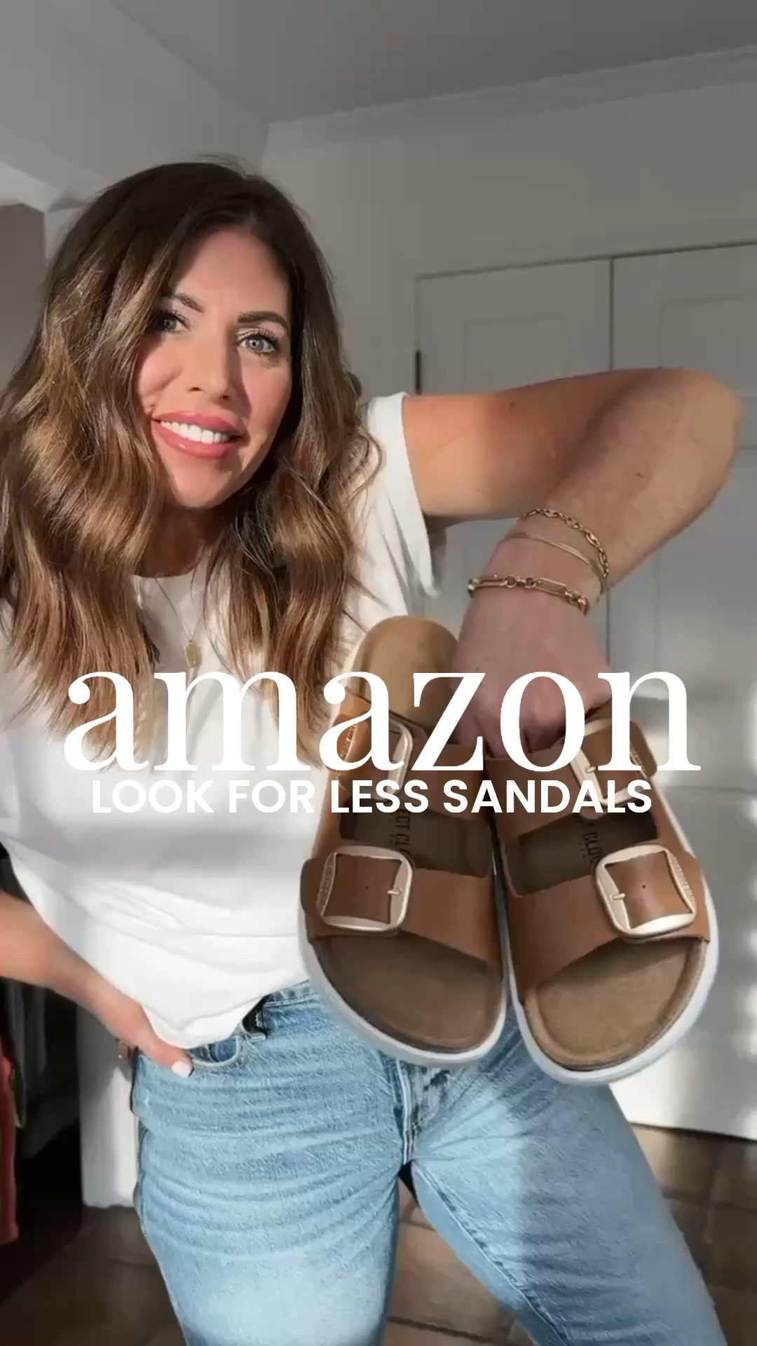 Amazon look for less sandals 🩴 great quality, leather sandals with big gold buckles and a chunky cork soul. Look just like the Arizona chunky sandals but for less than half the price. If in between sizes, I would go up a size. 

#LTKOver40 #LTKgrwm
