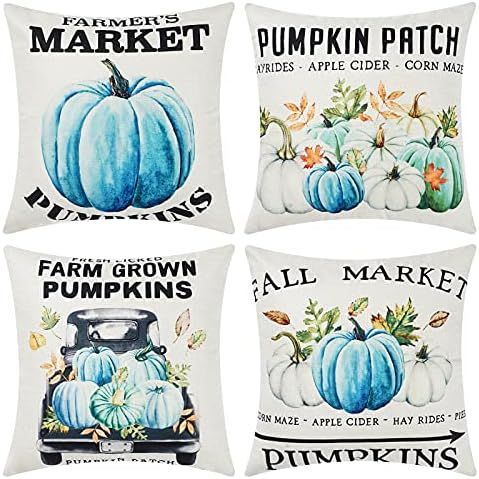 UINI Fall Throw Pillow Covers, Set of 4 Blue Watercolor Pumpkin Pillow Covers 18x18 inch, Thanksg... | Amazon (US)
