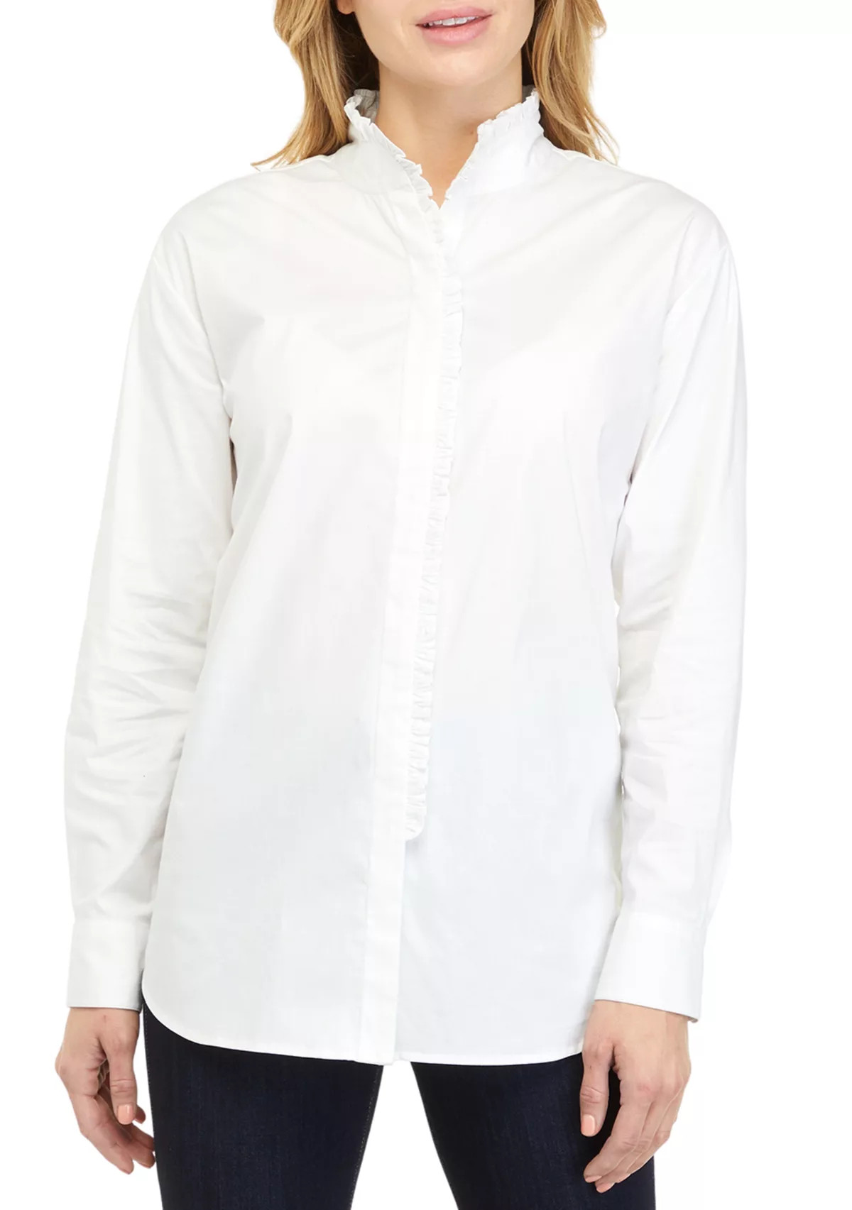 Women's Long Sleeve Poplin Ruffle Top | Belk