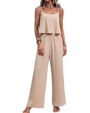 OYOANGLE Women's 2 Piece Outfits Textured Spaghetti Strap Crop Cami Top and Wide Leg Pants Set Ju... | Amazon (US)