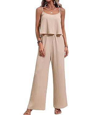 OYOANGLE Women's 2 Piece Outfits Textured Spaghetti Strap Crop Cami Top and Wide Leg Pants Set Ju... | Amazon (US)
