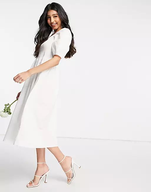 Y.A.S Bridal poplin midi dress with shirred top and puff sleeves in white | ASOS (Global)