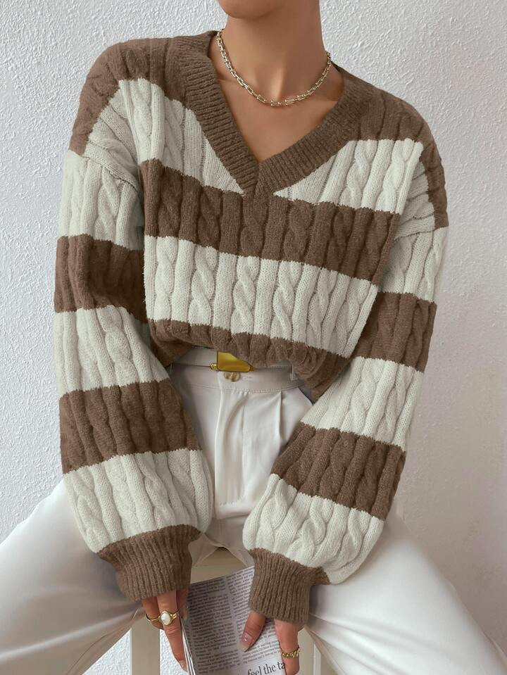 SHEIN Essnce Two Tone Cable Knit Drop Shoulder Sweater | SHEIN