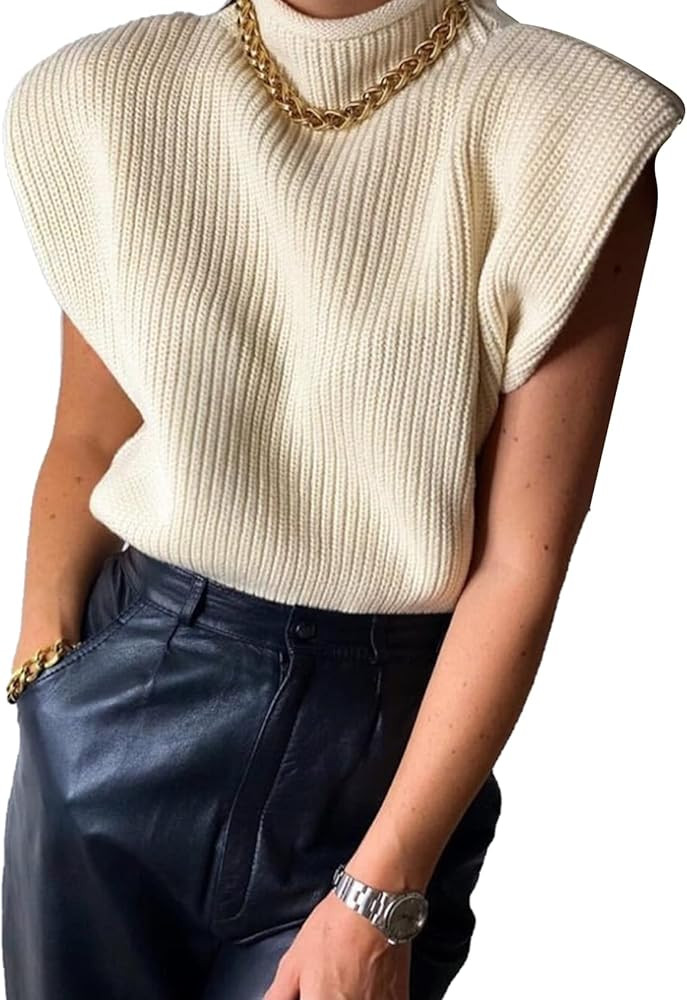 Flygo Women's Turtleneck Shoulder Pad Sleeveless Knit Sweater Vest Pullover Tank Top | Amazon (US)
