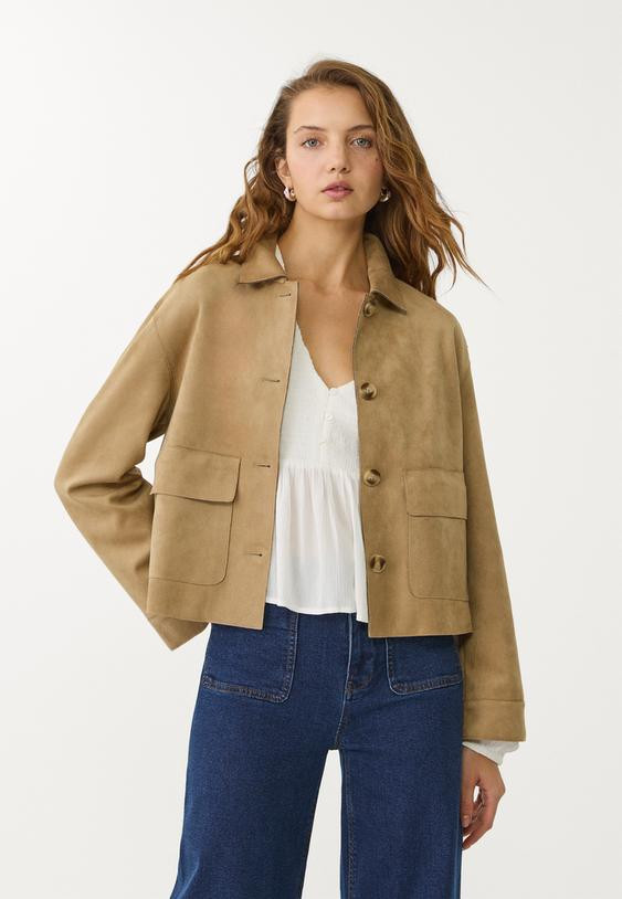 Faux suede jacket with pockets - Women's fashion | Stradivarius United Kingdom | Stradivarius (UK)
