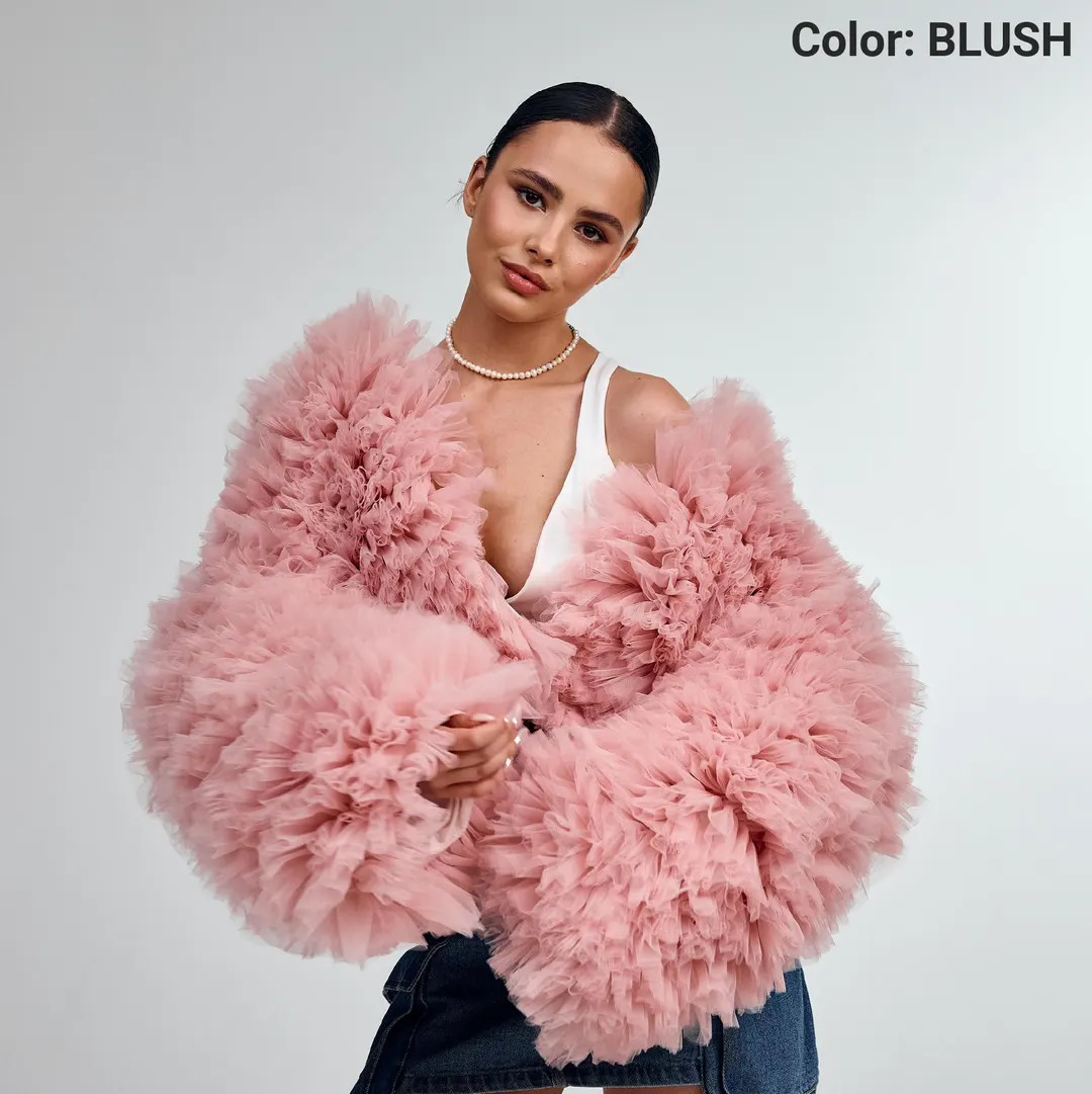 Ruffle crop jacket, Tulle jacket festival, Dramatic bridal cape, Fluffy bridal cape, Photoshoot c... | Etsy (US)