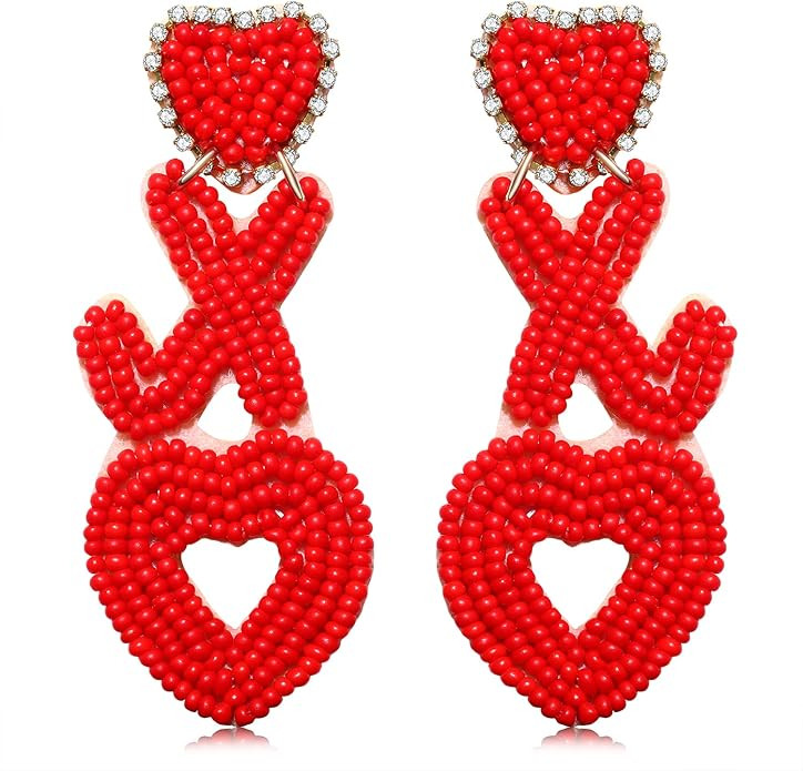Heart Earrings for Women Hypoallergenic Beaded Statement Dangle Earrings Boho Handmade Red Love H... | Amazon (US)