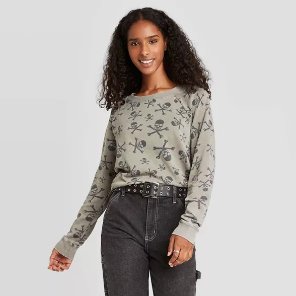 Women's Halloween Skull Pullover Sweatshirt - Green | Target