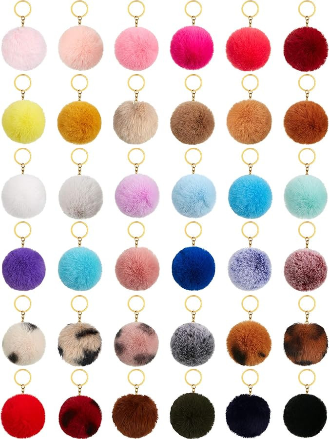 Hicarer 36 Pom Poms Keychains Faux Rabbit Fur Pompoms Keyring Pompom Keychain | Amazon (US)