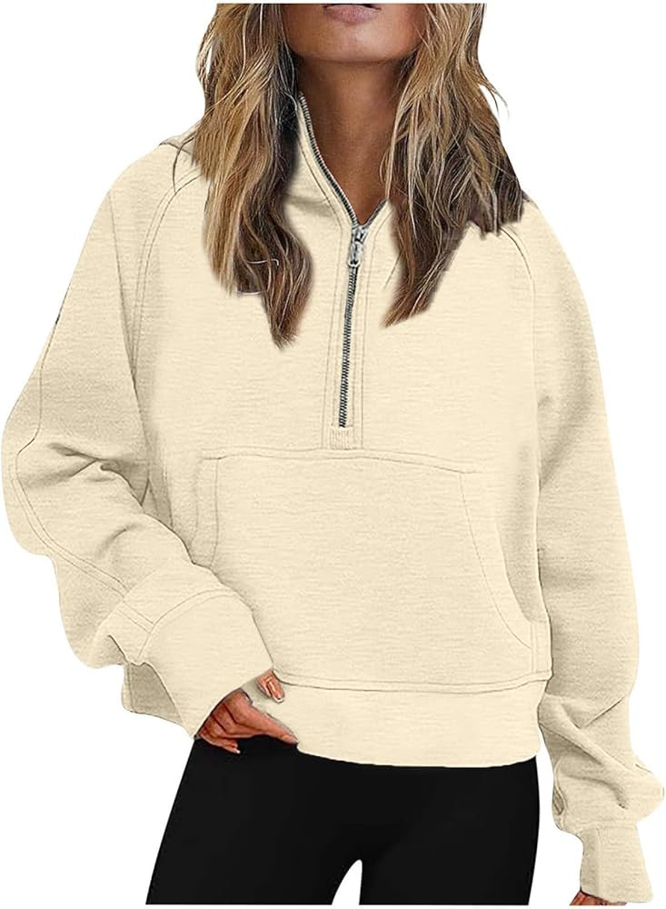 Women Half Zip Hoodies Pullover Long Sleeve Solid Corded Sweatshirt Oversized Casual Trendy Fall ... | Amazon (US)