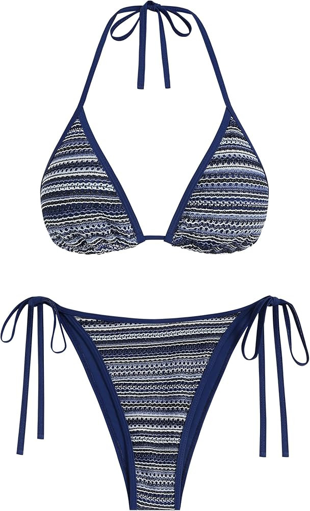 ZAFUL Women's Colorblock Stripes Triangle Halter Tied Cheeky Thong Bikini Set High Cut Two Piece ... | Amazon (US)