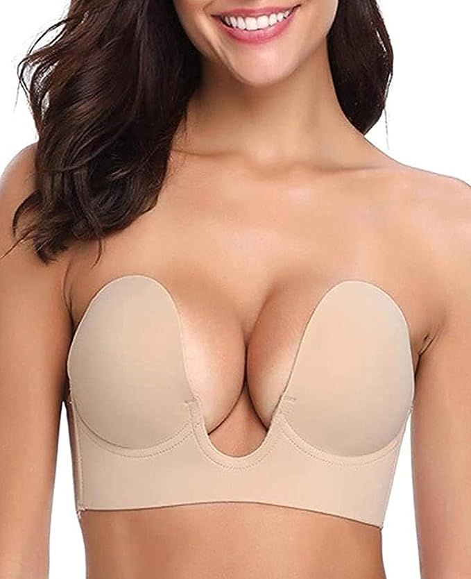 Bontierie Women's Push Up Plunge Adhesive Bra Reusable Deep U-Shaped Sticky Bra Strapless Backles... | Amazon (US)