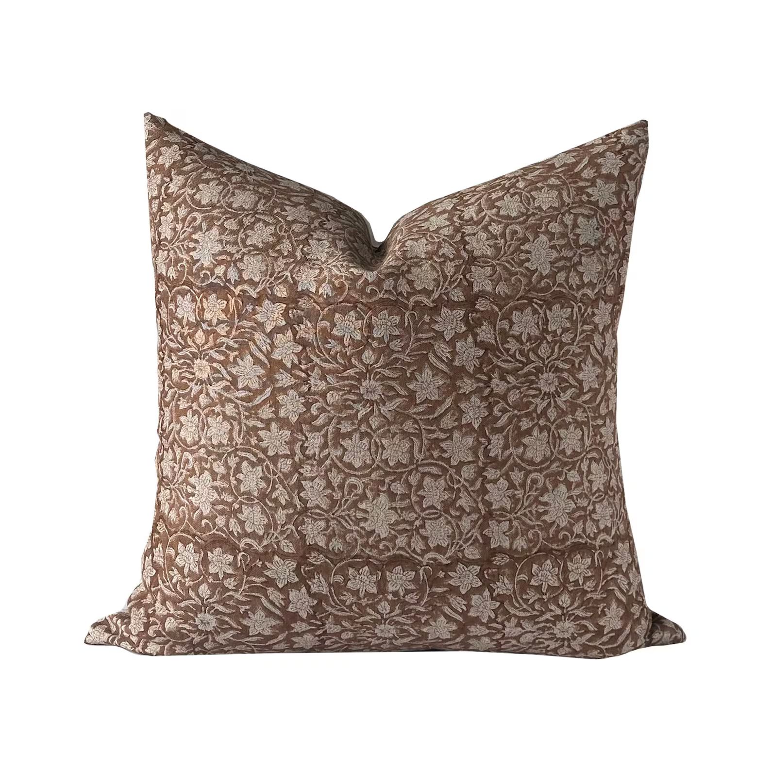 Brown Floral Linen Hand Block Pillow Cover, Neutral Modern Farmhouse Decorative Cushion, Designer... | Etsy (US)