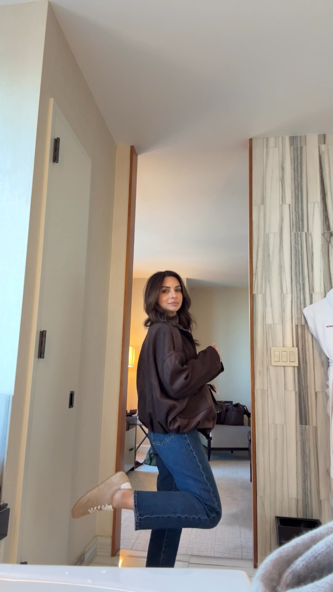 Casual pizza night with friends in New York! Wearing an xs in this jacket, I love the color of this! I sized up to a 25 in this denim & did the shorter inseam.

#LTKootd #LTKgrwm