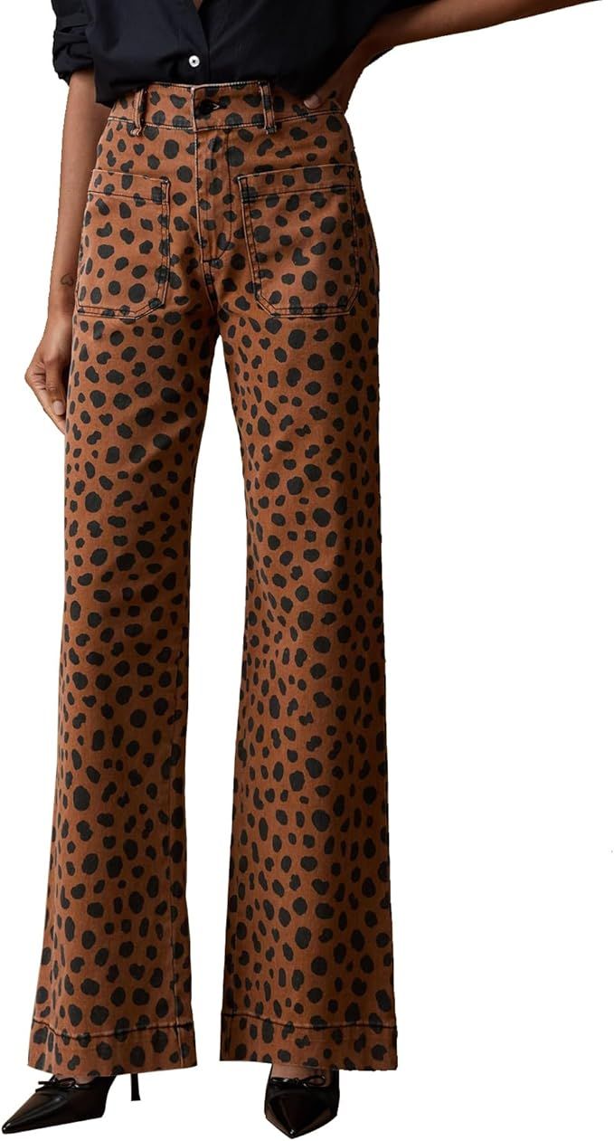 Women's Leopard Jeans Bell Bottom Mid Rise Tight Fit Cheetah Print Flare Pants | Amazon (US)