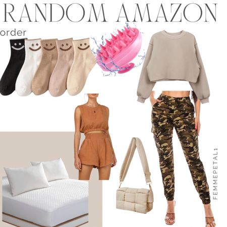 Amazon finds! Recent amazon order, camo cargo pants, cropped sweatshirt, scalp massager, summer two piece set, quilted purse, free people dupe, smiley socks, mattress pad cover 

#LTKstyletip #LTKitbag #LTKFind