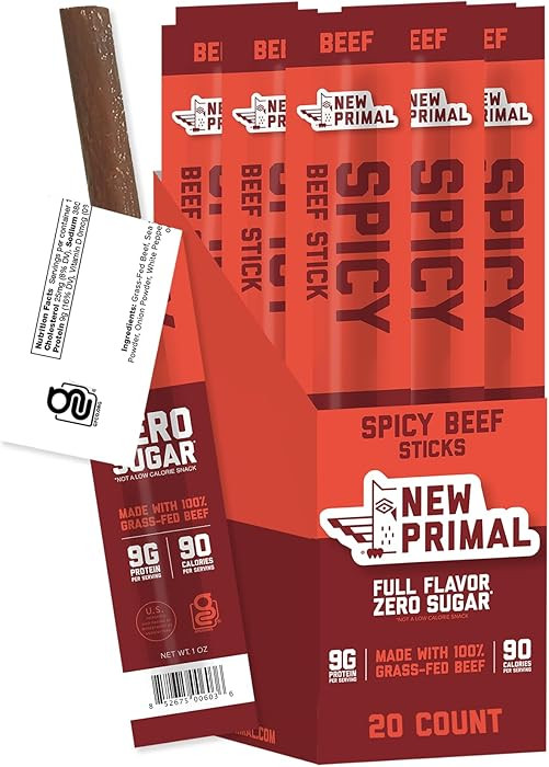 The New Primal Grass-Fed Spicy Beef Sticks, Keto, Gluten Free Healthy Snacks for Adults, Sugar Fr... | Amazon (US)