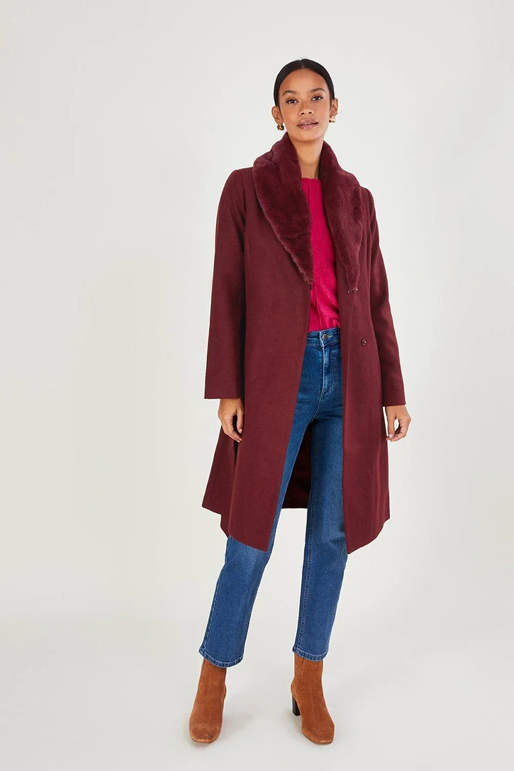 Jackets & Coats | 'Rufus' Fur Collar Belted Coat | Monsoon | Debenhams UK