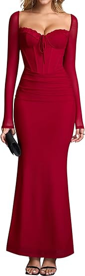 KUTUMAI Women Long Sleeve Lace Corset Formal Wedding Guest Dress Bodycon Ruched Mesh Cocktail Max... | Amazon (US)