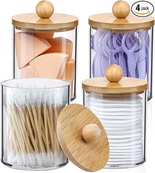 4 Pack Qtip Holder Dispenser with Bamboo Lids - 10 oz Clear Plastic Apothecary Jar Containers for... | Amazon (US)