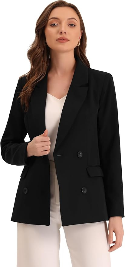 Allegra K Women's Notched Lapel Double Breasted Work Formal Blazer Jacket | Amazon (US)