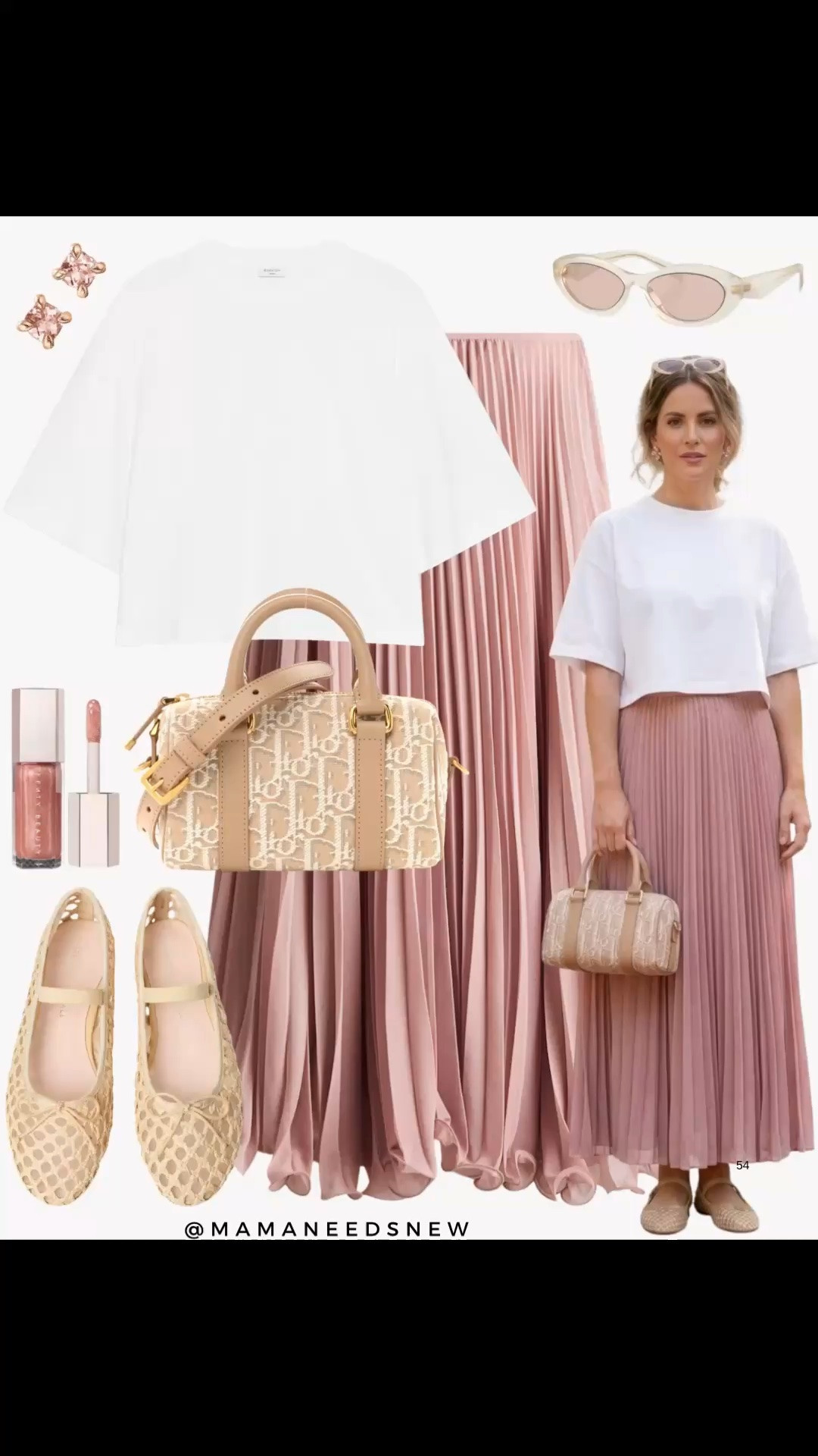 A spring to summer outfit with a cropped oversized tshirt, pleated maxi skirt, top handle / crossbody bag, Maryjane flats 🩷🌸
