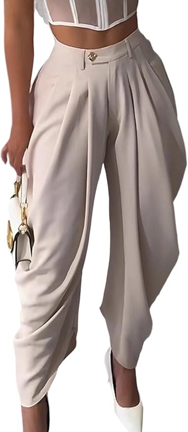NRTHYE Womens Pleated Dress Pants High Waisted Baggy Wide Leg Palazzo Slacks Work Trousers Busine... | Amazon (US)